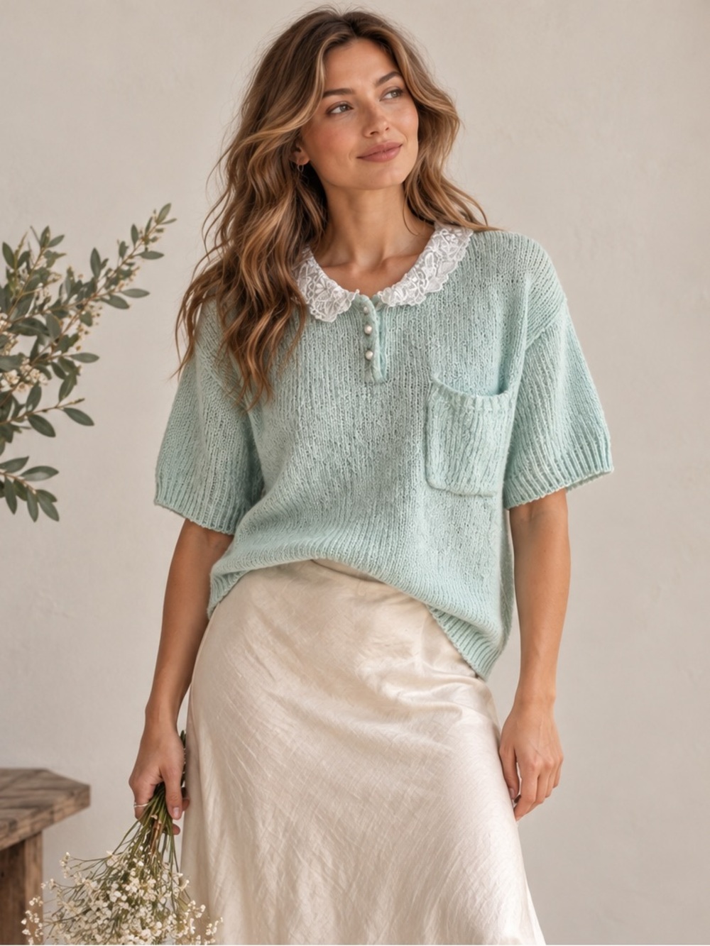 Vintage Seafoam Knit Top XL Lace Collar Coquette Granny Chic Classic Directions
